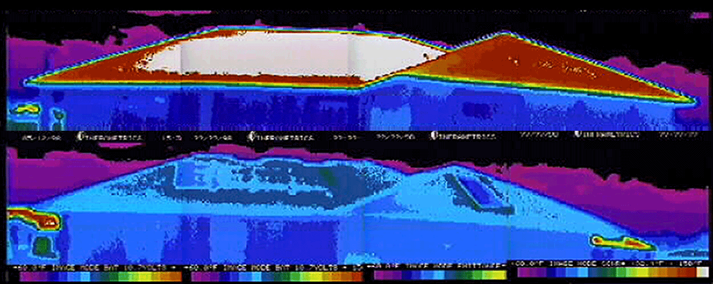 Infared thermography of two different house roofing systems; the top one shows white, red and yellow colors, indicating heat present, while the bottom image shows shades of blue, indicating cool temperatures, photo.