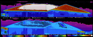 Infared thermography of two different house roofing systems; the top one shows white, red and yellow colors, indicating heat present, while the bottom image shows shades of blue, indicating cool temperatures, photo.