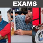 Three images from energy rater continuing education courses with the word exams above