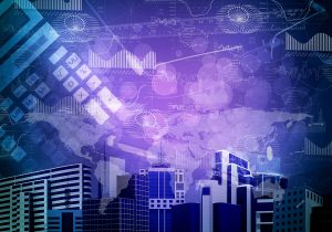 Skyscrapers with the background of objects and graphs. Business concept