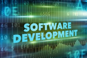 Software development concept blue text green background