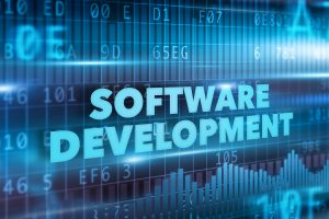 Software development concept blue text blue background