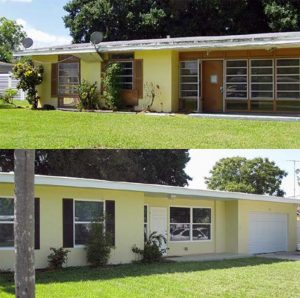 Before and after photo of retrofit one-story house in Central Florida