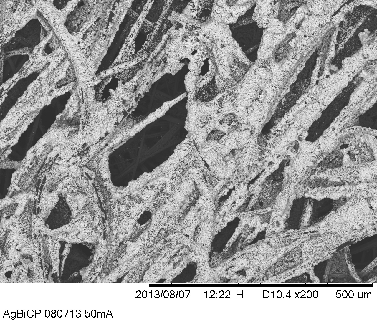 Microscopic close-up image of electrodeposit of silver-bismuth onto carbon paper surface with addition of AgBi.