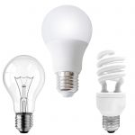 Three different types of light bulbs incandescent, CFL, and LED