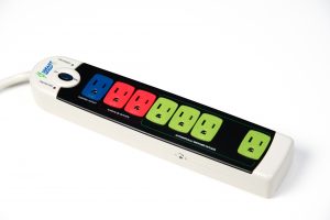 smart power strip with blue, red, and green outlets