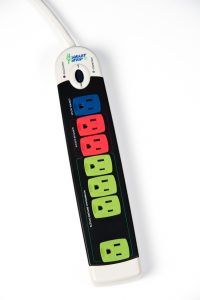 smart power strip with blue master outlet, red always-on outlets, and green energy saver outlets